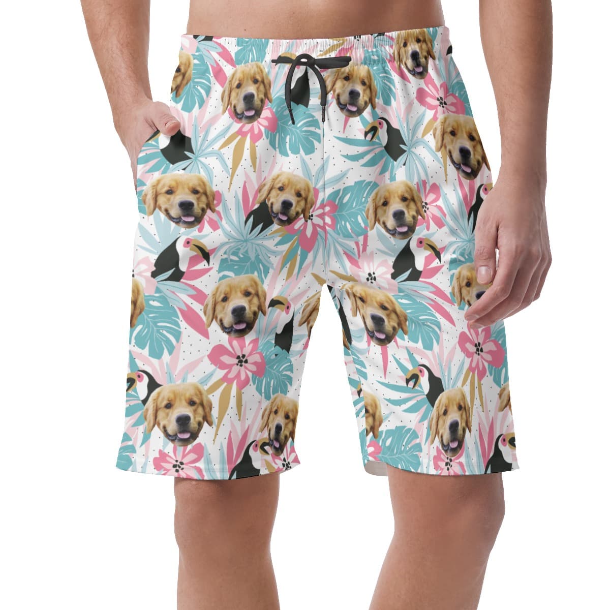 Custom Dog Face Tropical Toucans Hawaiian Beach Shorts For Men