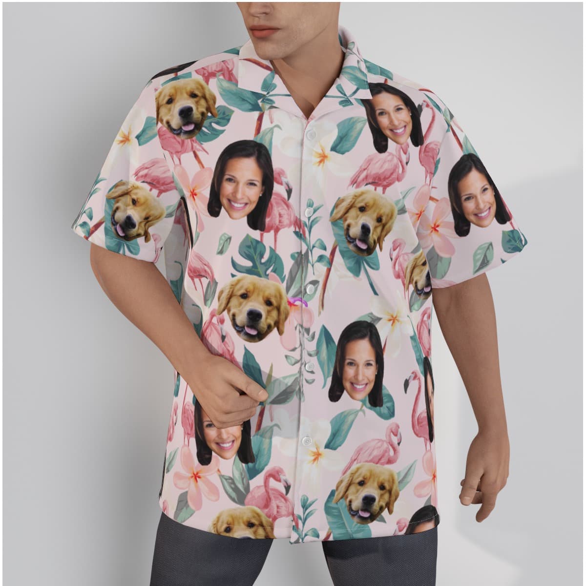 Custom Face And Dog Flamingo Hawaiian Shirt (1)