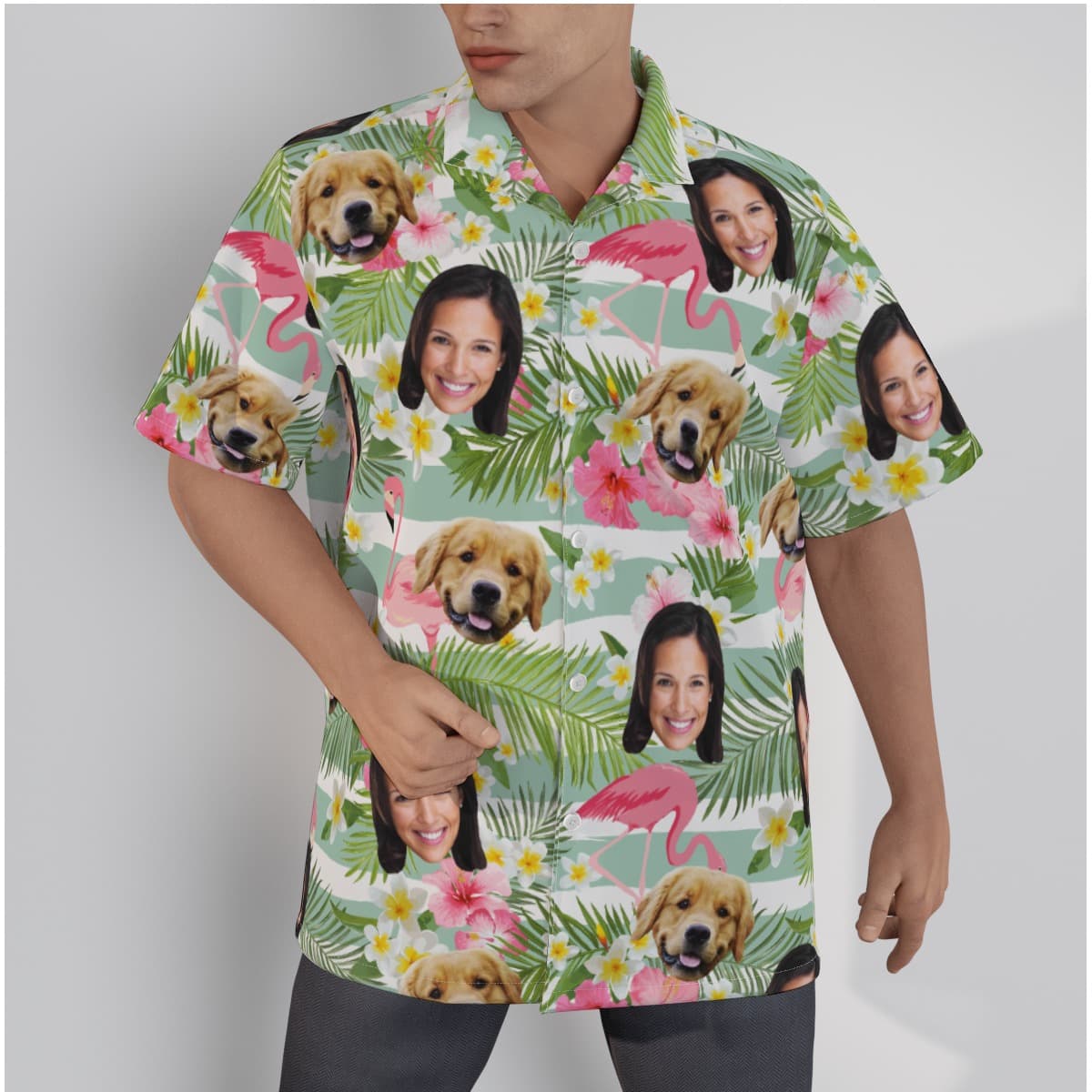 Custom Face And Dog Flamingo Hawaiian Shirt For Men (1)