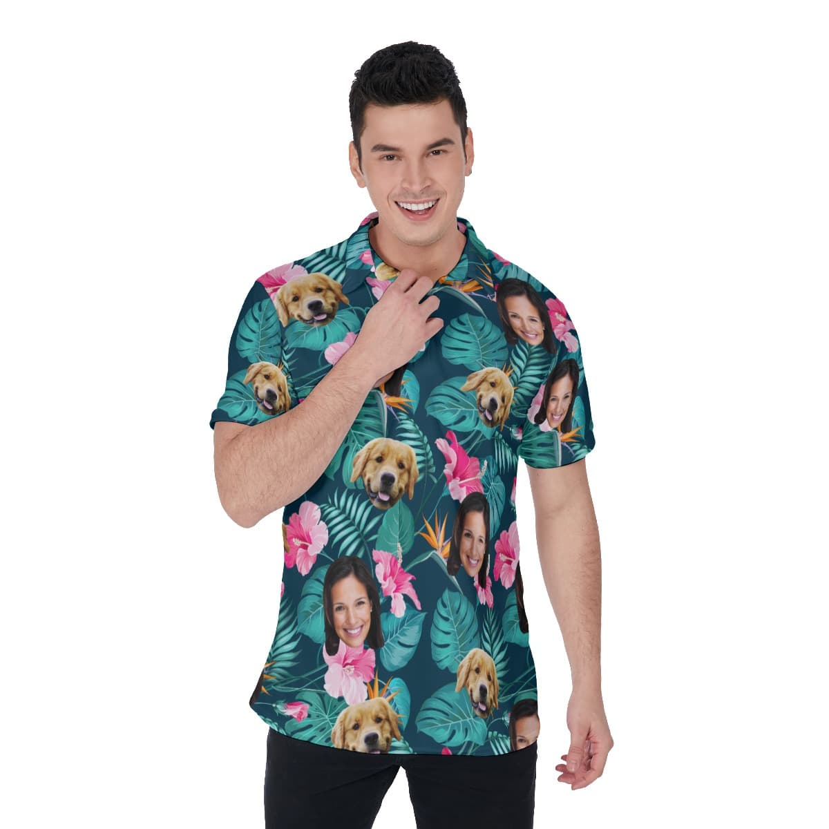 Custom Face And Dog Floral Polo Hawaiian Shirt For Men (1)