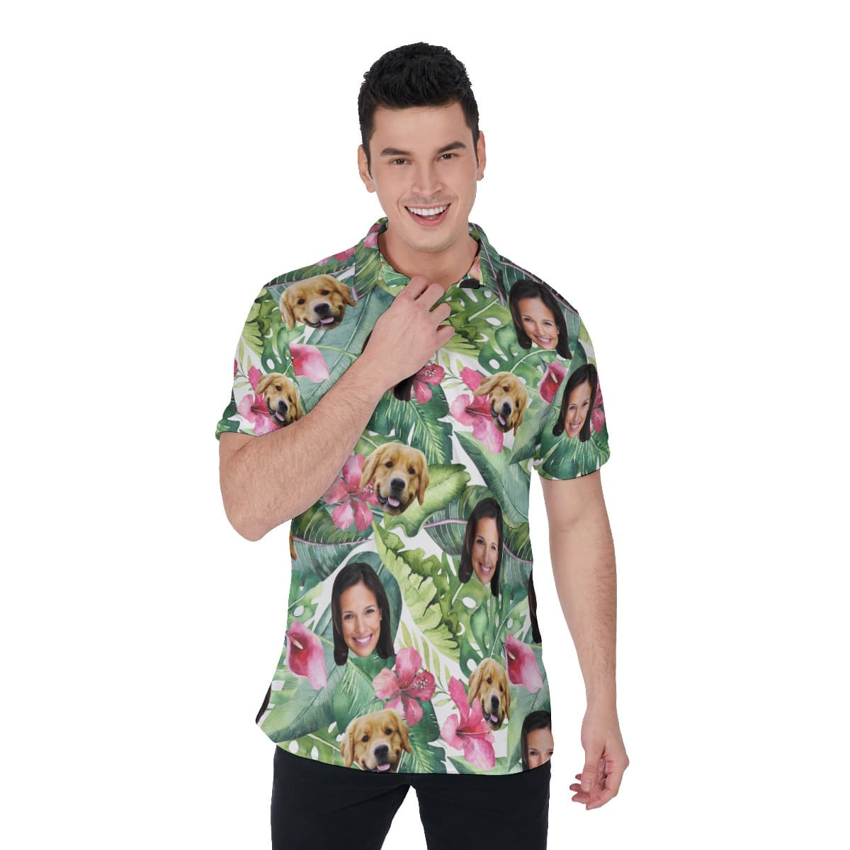 Custom Face And Dog Tropical Polo Hawaiian Shirt For Men (1)