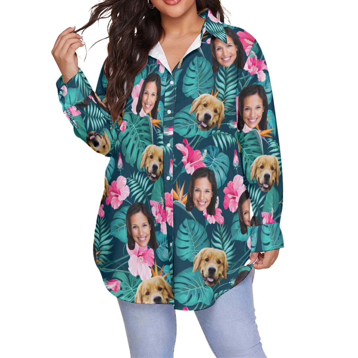 Custom Face And Dog Women’s Plus Size Hawaiian Shirt (1)