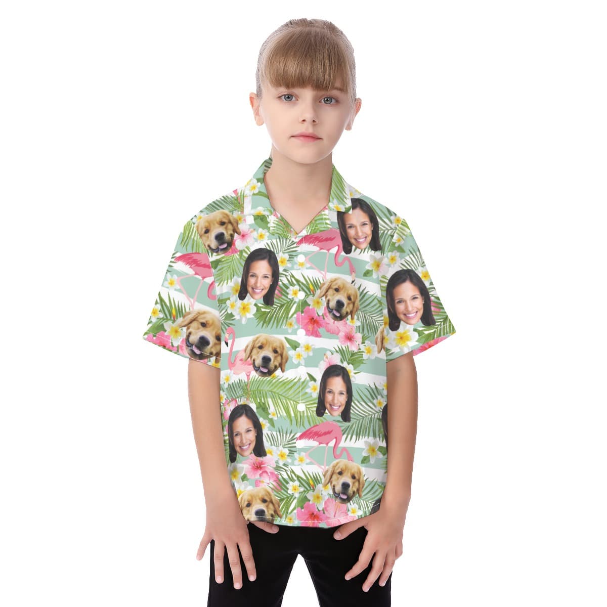 Custom Face And Pet Flamigo Hawaiian Shirt For Kids (1)