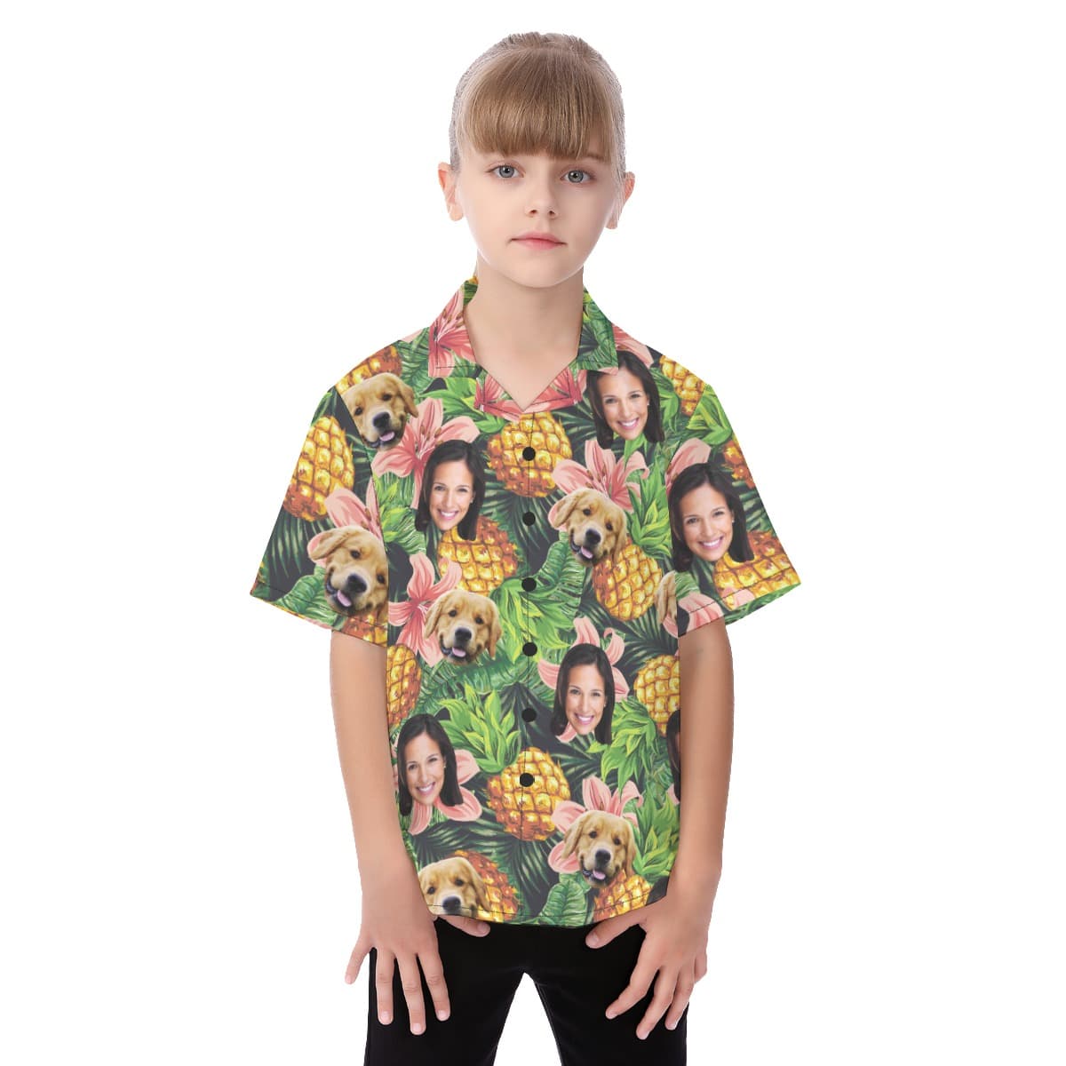Custom Face And Pet Floral Hawaiian Shirt For Kids (1)