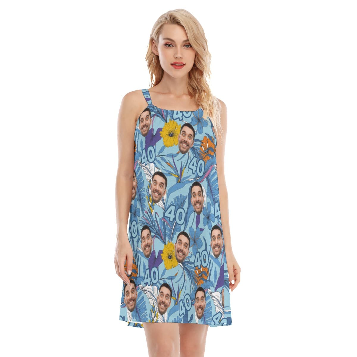 Custom Face Birthday Floral Blue Aloha Cami Dress For Women (4)