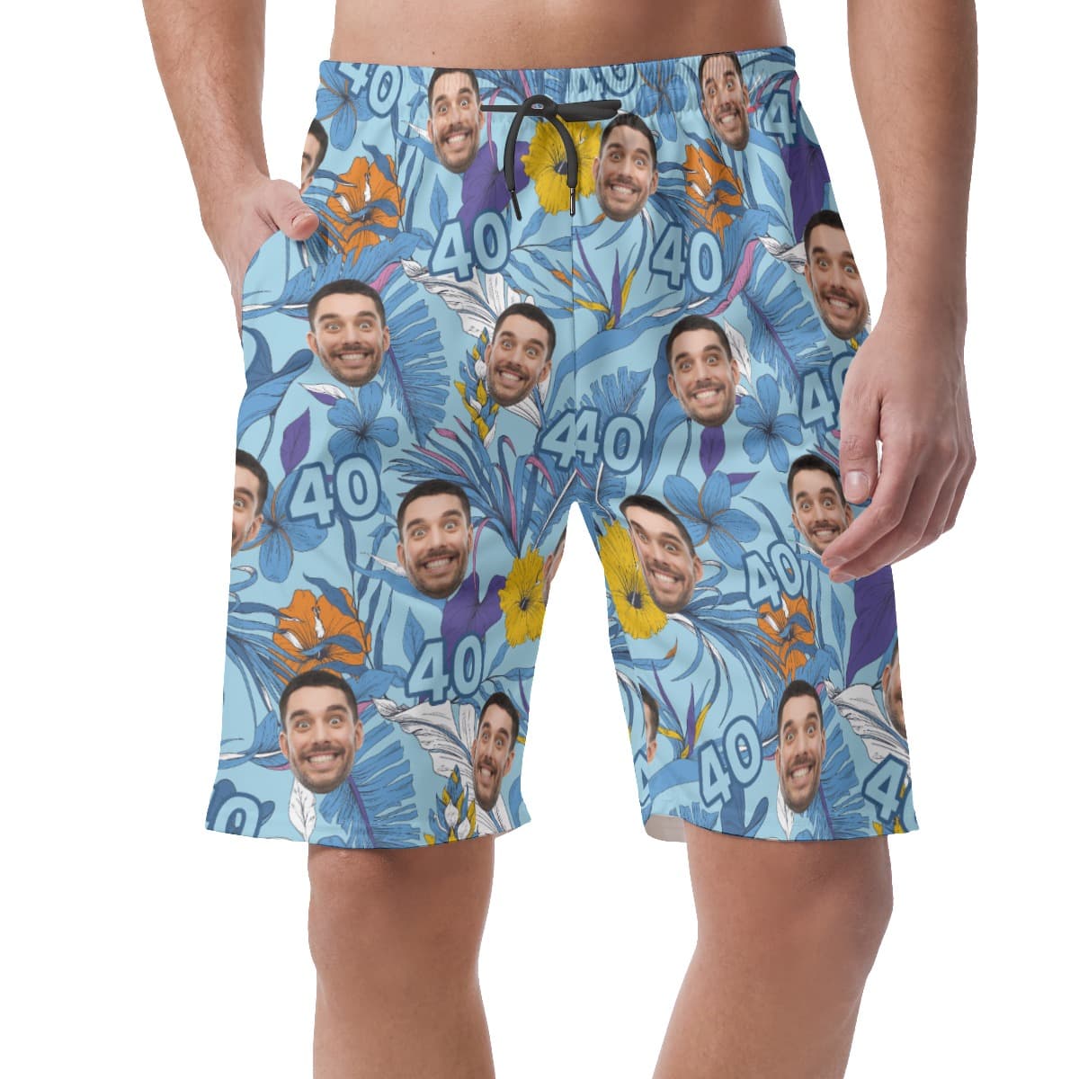 Custom Face Birthday Floral Blue Hawaiian Beach Shorts For Men