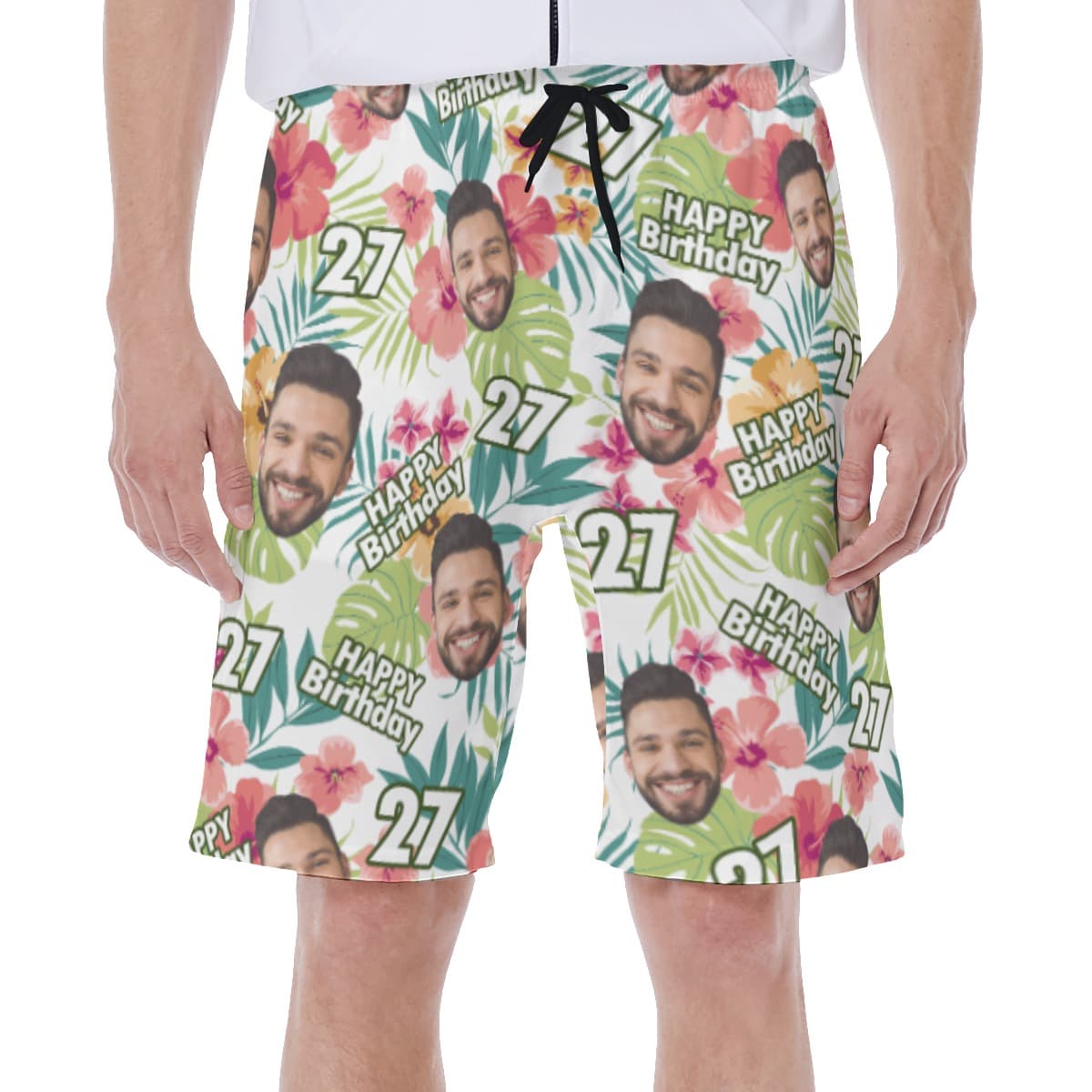 Custom Face Birthday Hibicus Hawaiian Swim Trunks For Men