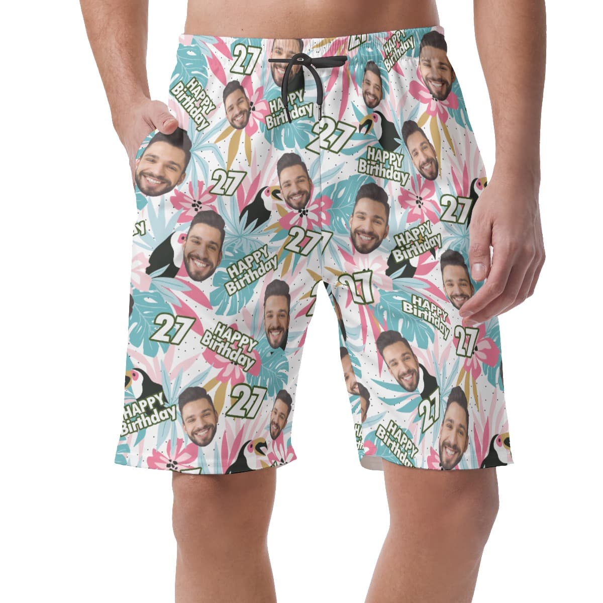Custom Face Birthday Tropical Hawaiian Beach Shorts For Men