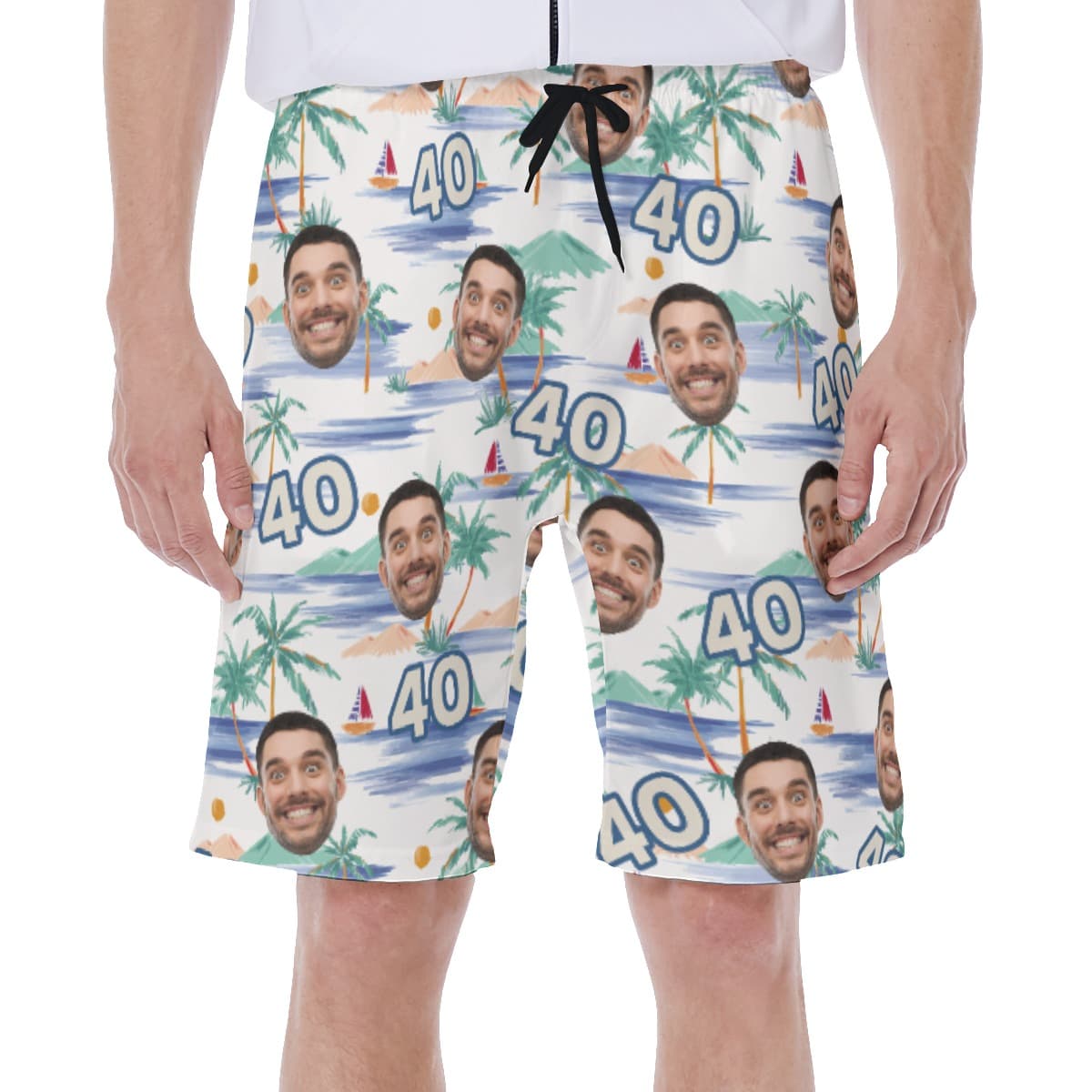 Custom Face Birthday Tropical Palm Tree Hawaiian Swim Trunks For Men