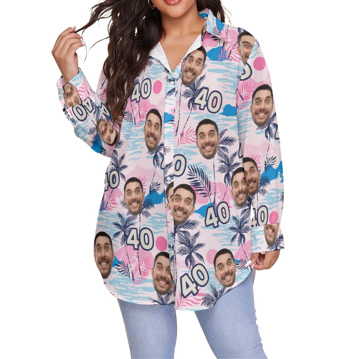 Custom Face Birthday Tropical Pink Hawaiian Plus Size Shirts For Women (4)