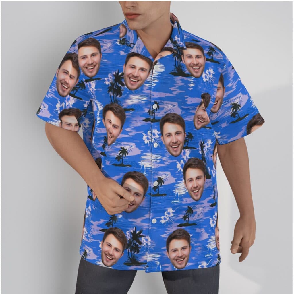 Custom Face Blue Hawaiian Shirt With Beach Themed (1)