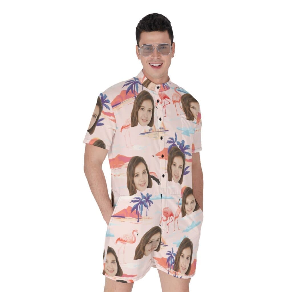 Custom Face Flamingo Beach Romper For Men (1)
