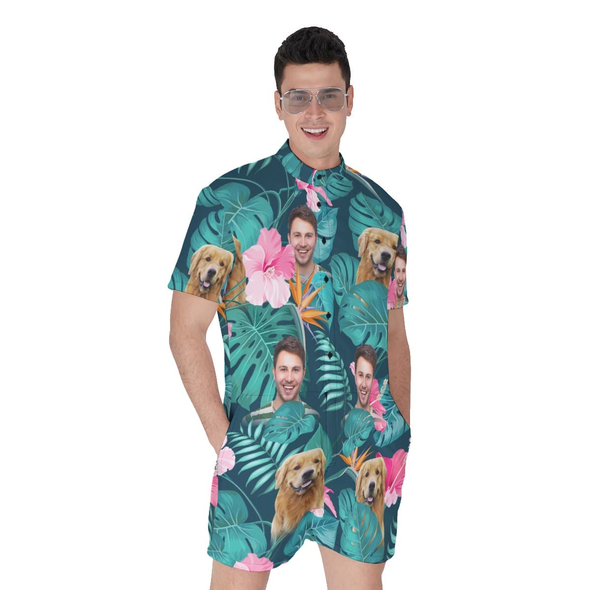Custom Face Floral Hawaiian Romper For Men (1)