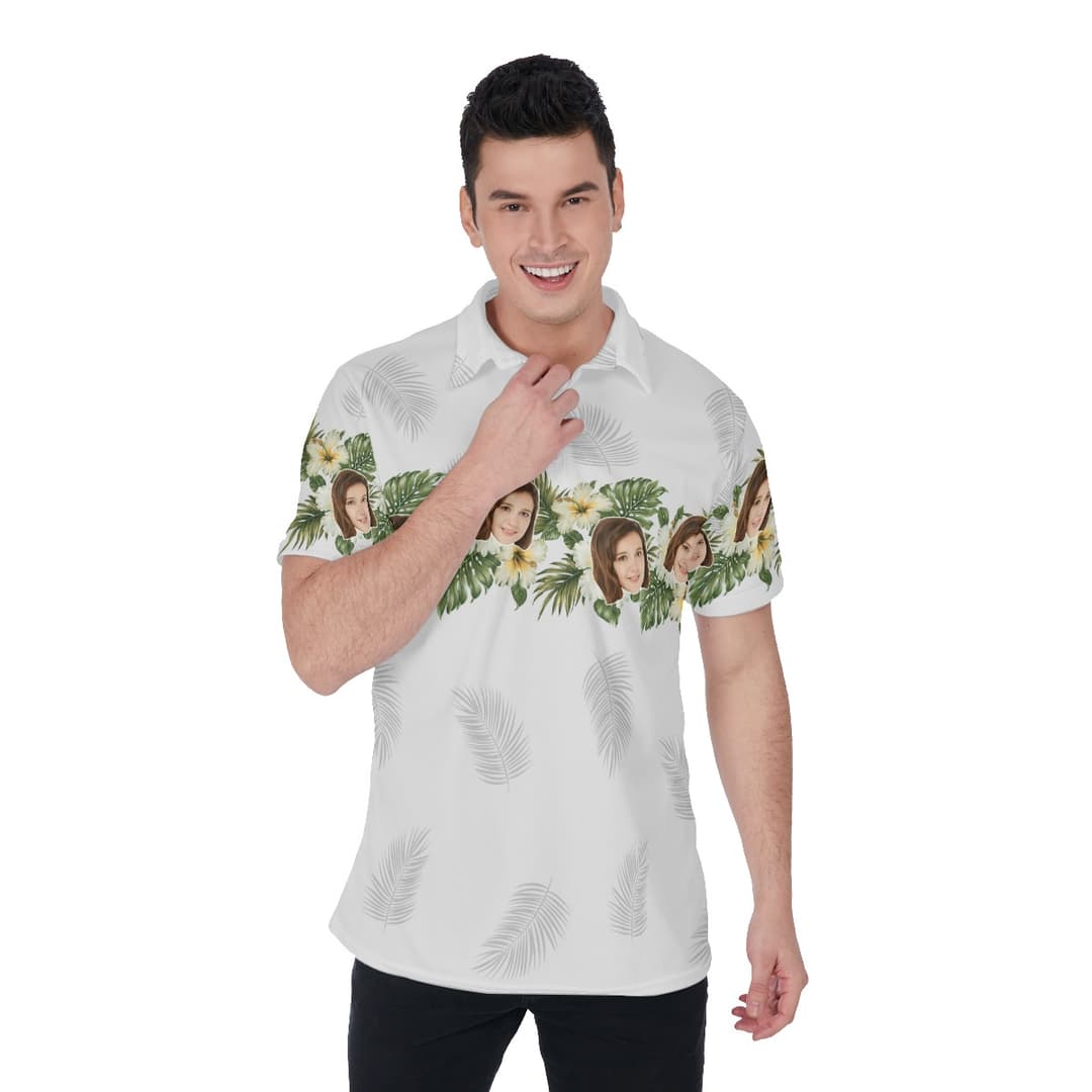 Custom Face Floral White Golf Shirt (1)