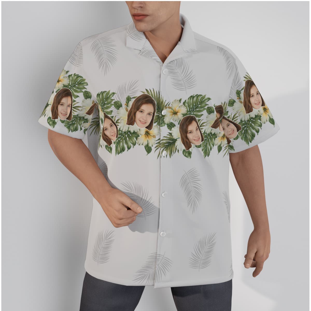 Custom Face Floral White Hawaiian Shirt For Men (1)