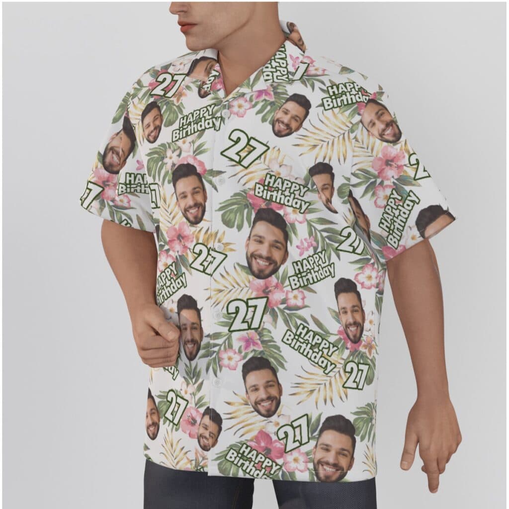 Custom Face Happy Birthday Floral White Hawaiian Shirt