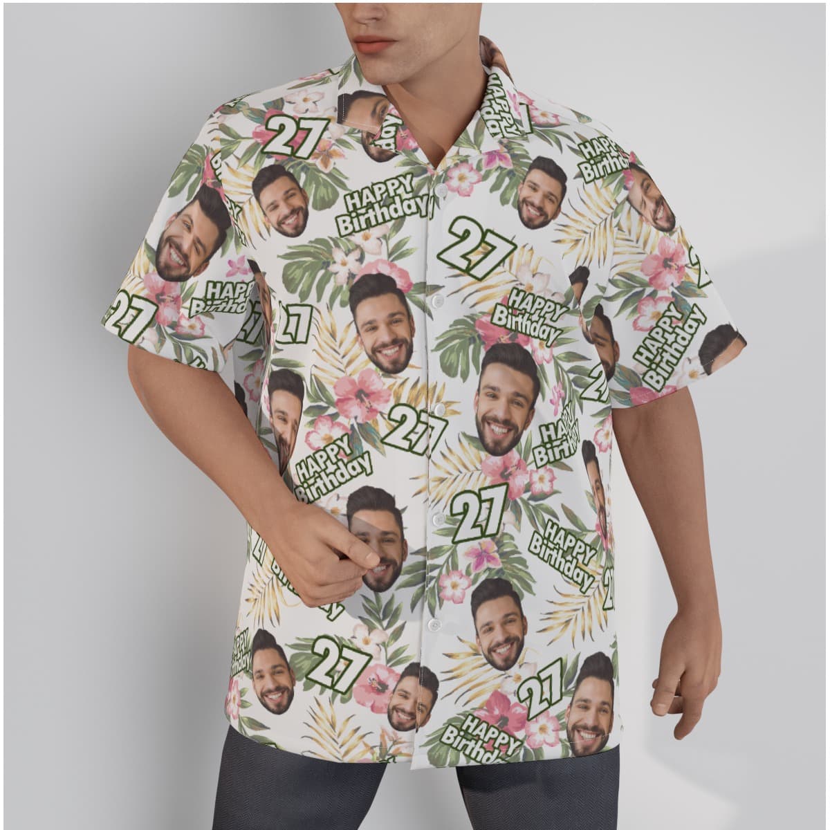 Custom Face Happy Birthday Floral White Hawaiian Shirt (3)