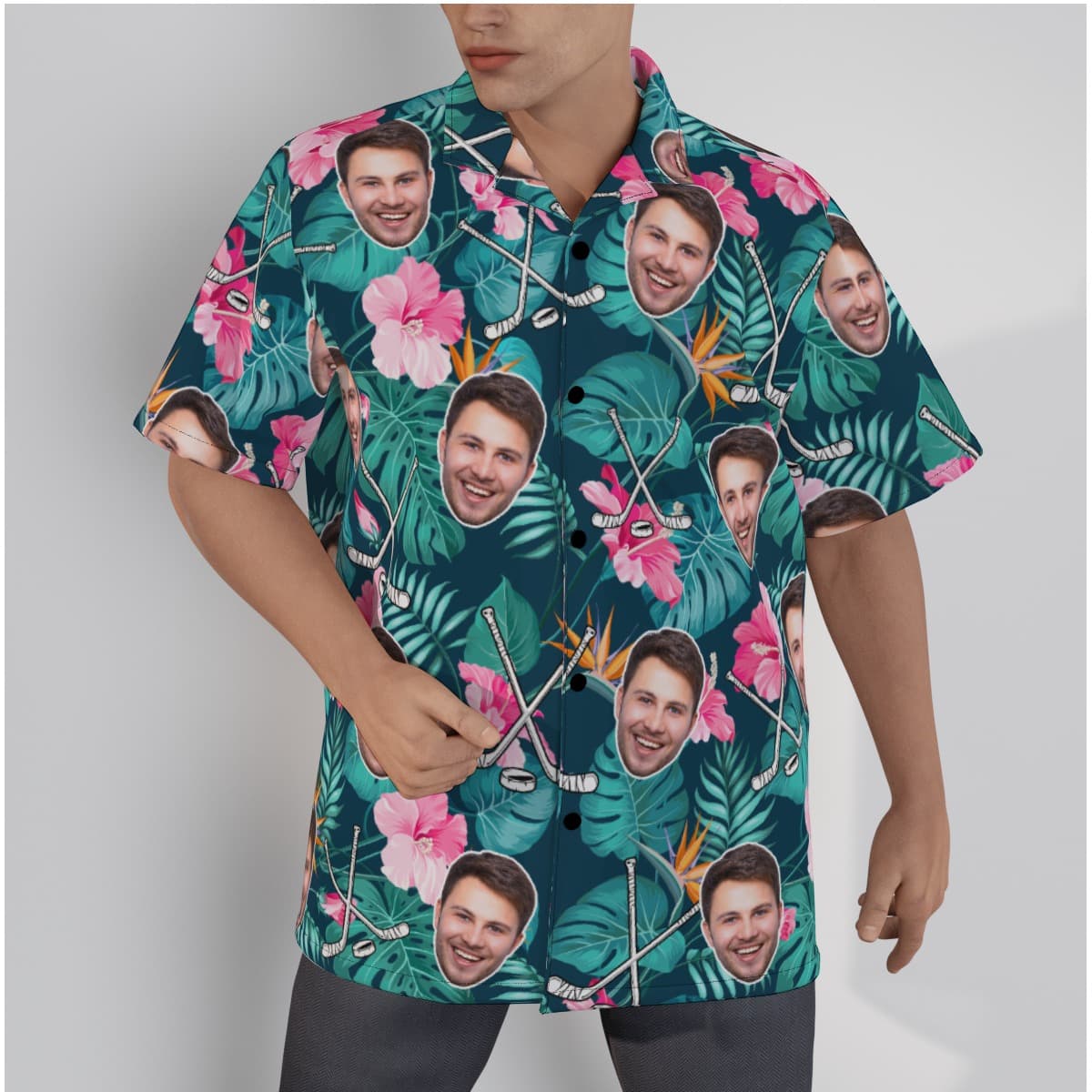 Custom Face Hockey Floral Hawaiian Shirt For Men