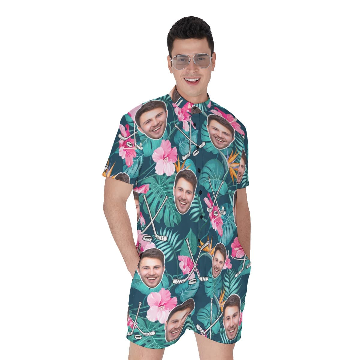Custom Face Hockey Floral Men's Hawaiian Romper