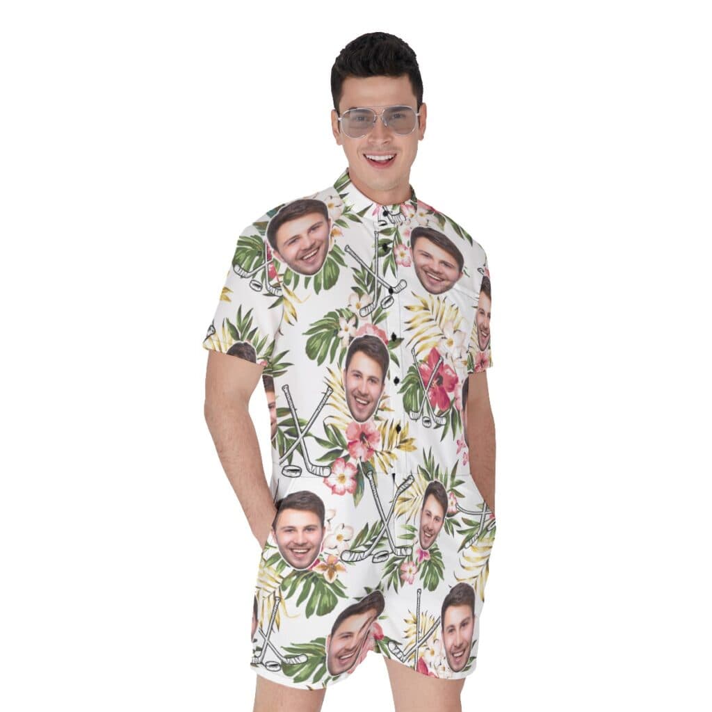 Custom Face Hockey Hibicus Hawaiian Romper For Men