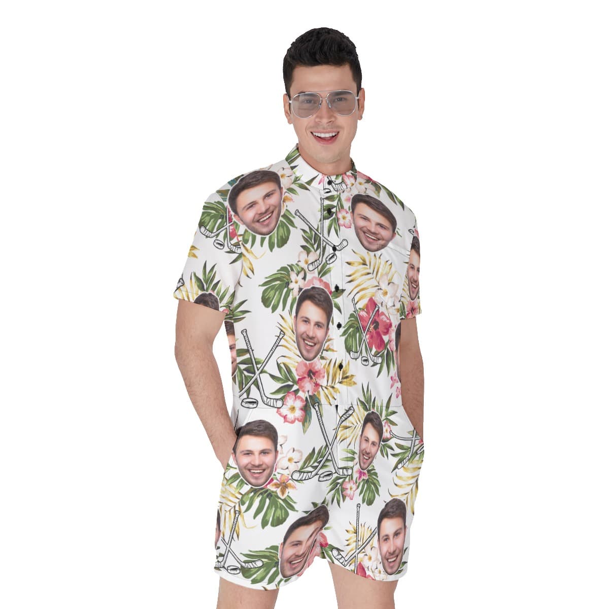 Custom Face Hockey Hibicus Hawaiian Romper For Men