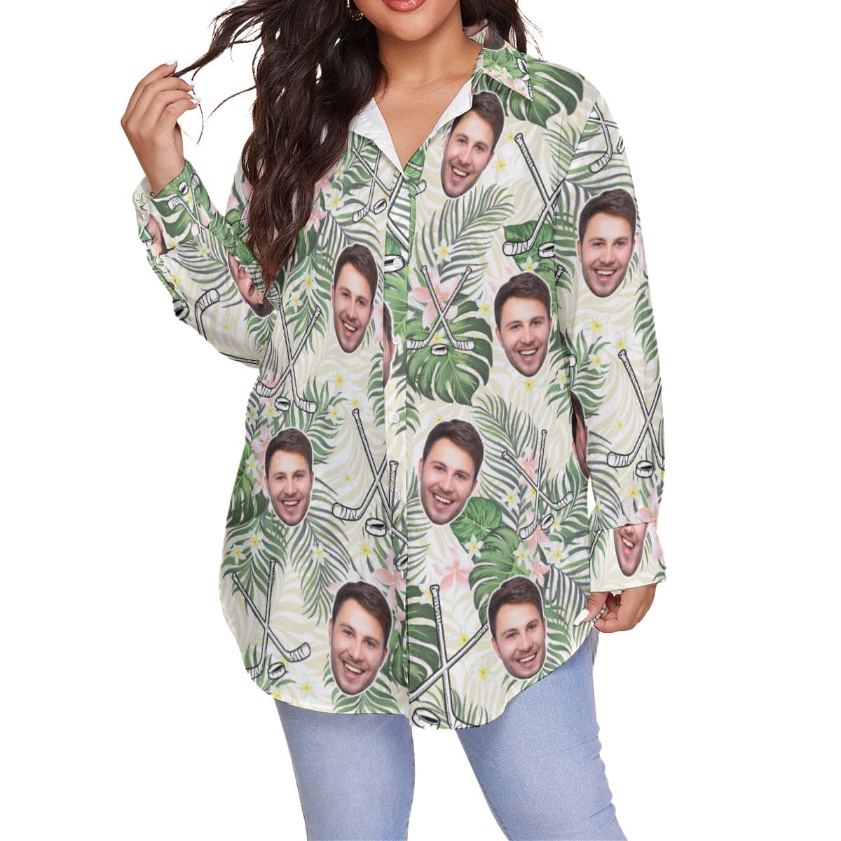 Custom Face Hockey Tropical Hawaiian Plus Size Shirt For Women (4)
