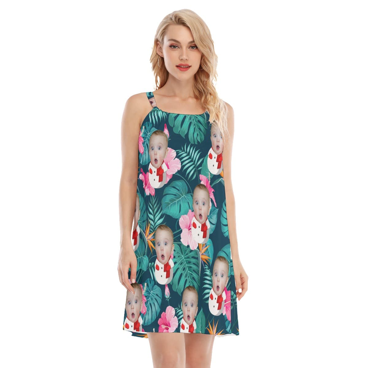 Custom Face Snowman Floral Hawaiian Cami Dress For Women (4)