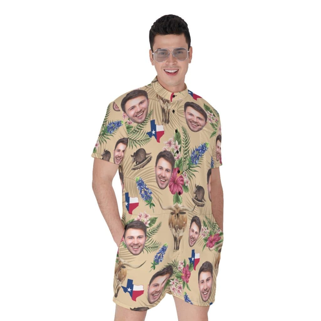 Custom Face Texas Longhorns Floral Hawaiian Romper For Men