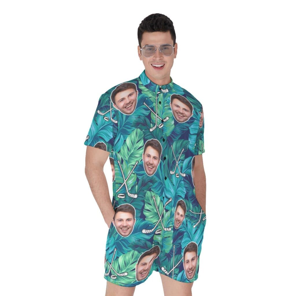 Custom Face Tropical Leave Hockey Men's Hawaiian Romper
