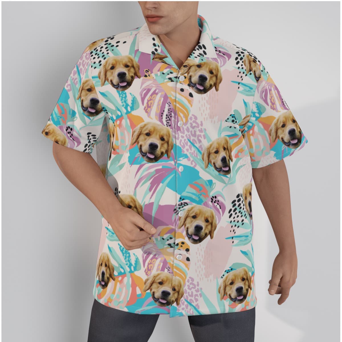 Custom Men's Tropical Leaves Hawaiian Shirt With Dog Face