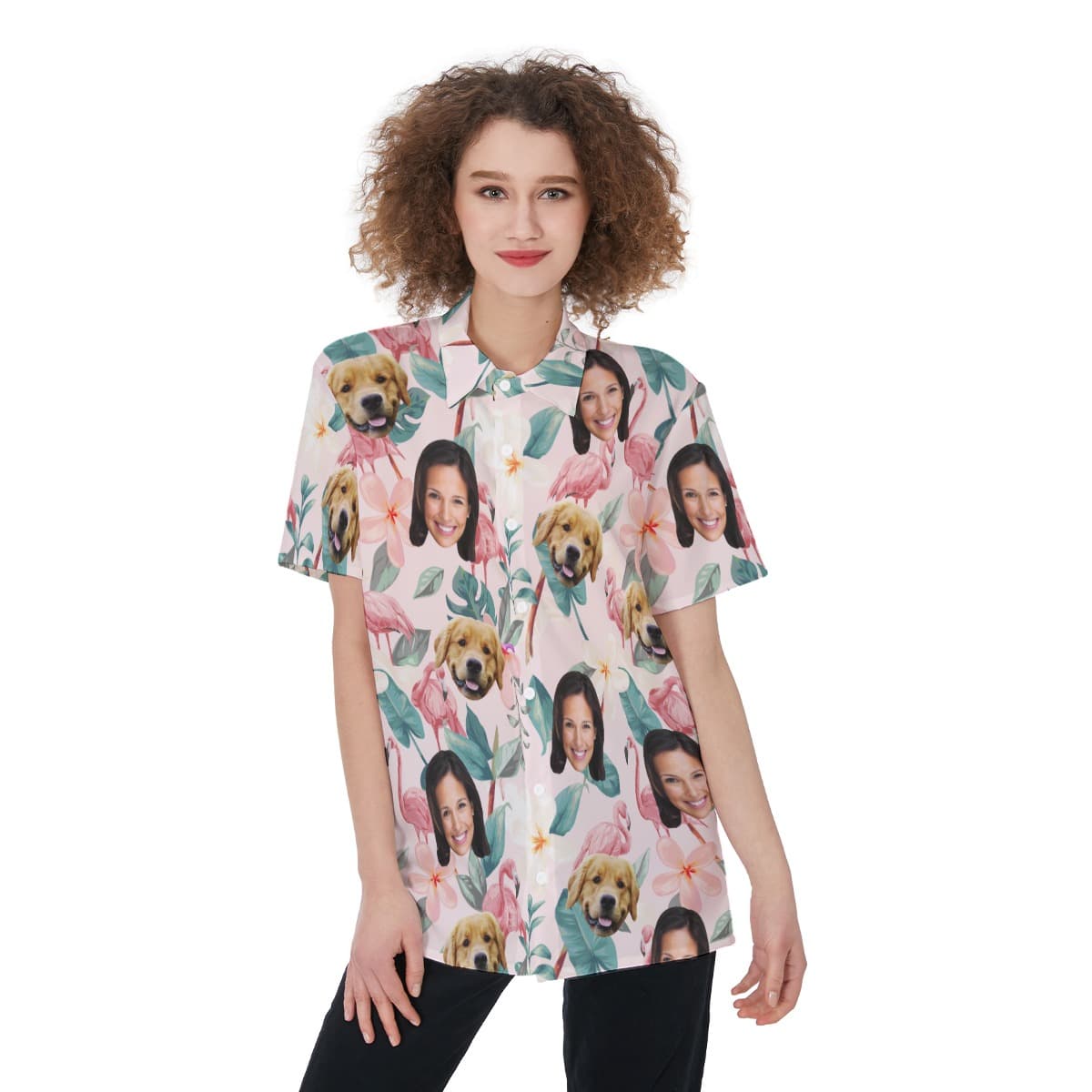 Custom Pet And Owner Face Flamingo Hawaiian Shirt For Women (1)
