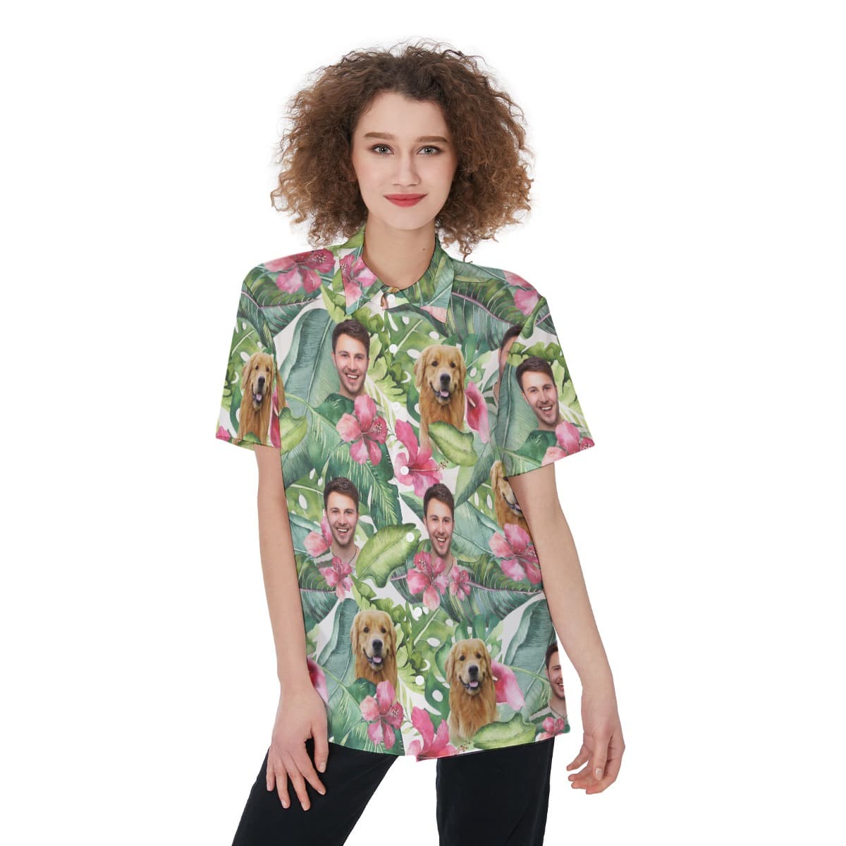 Custom Pet And Owner Face Floral Hawaiian Shirt For Women (1)