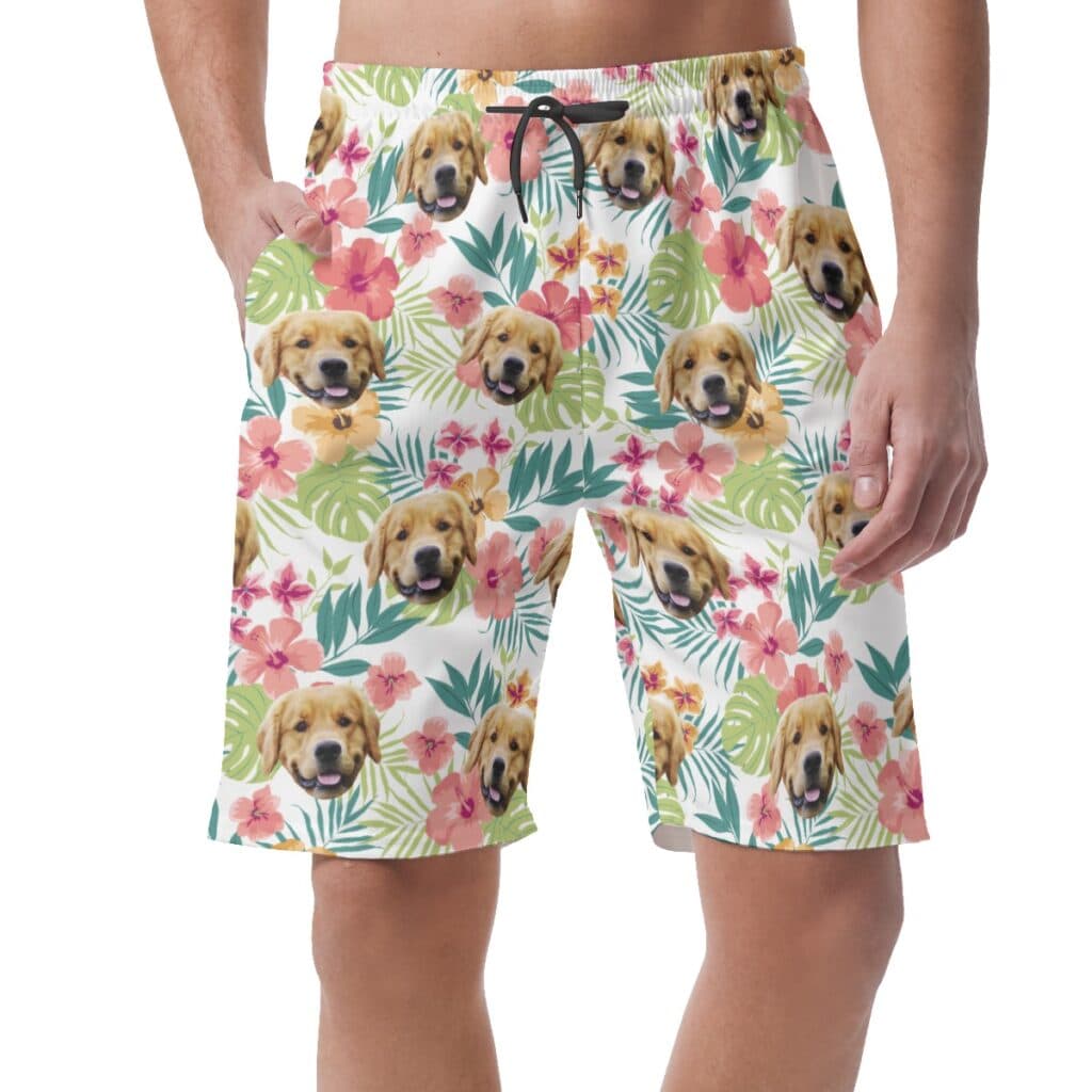 Custom Pet Face Floral Hawaiian Summer Beach Shorts For Men