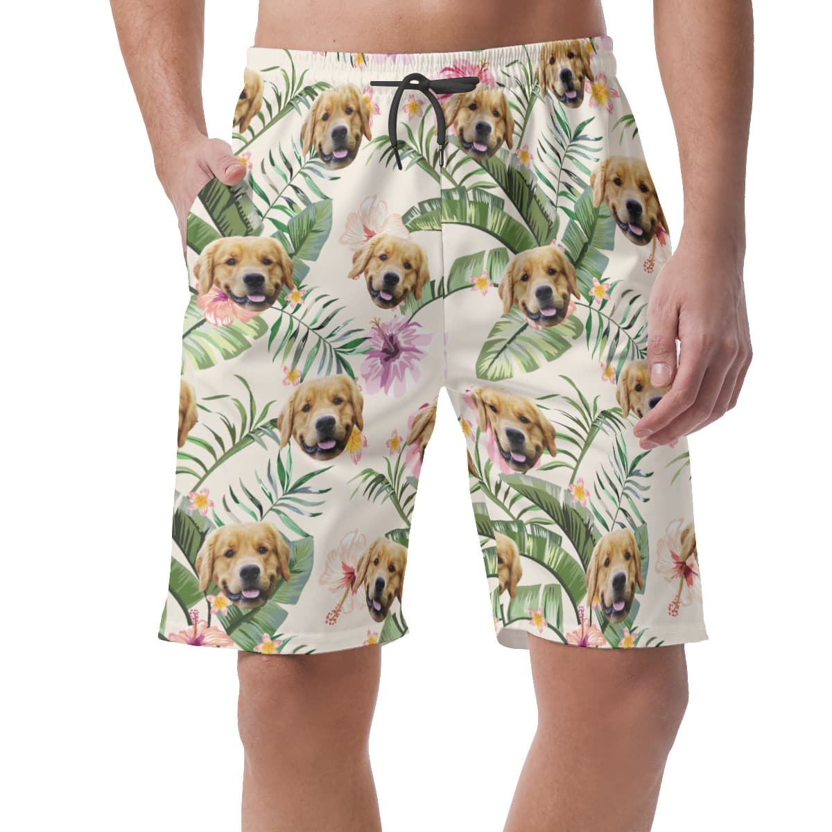 Custom Pet Face Hibicus Hawaiian Summer Beach Shorts For Men