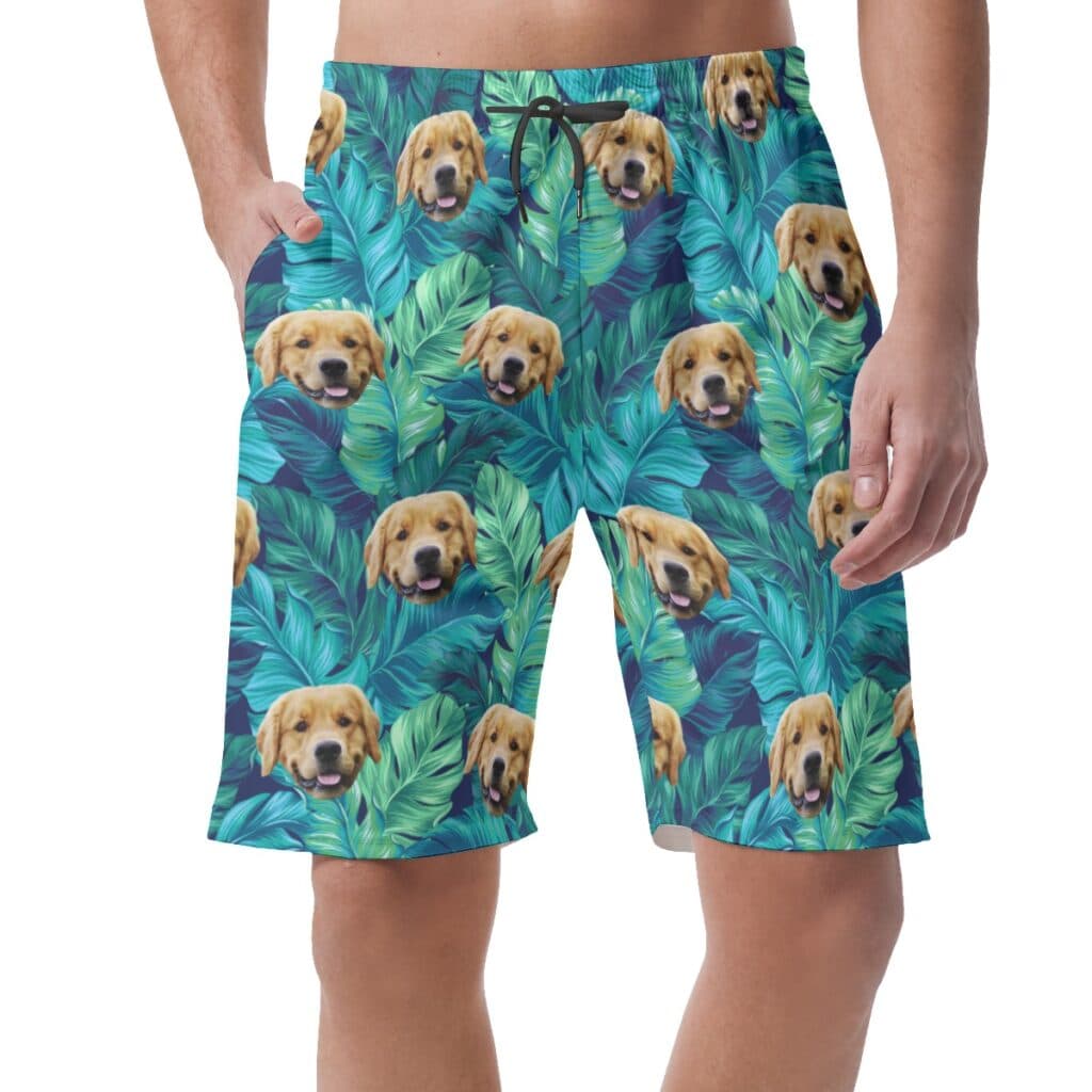 Custom Tropical Leaves Hawaiian Shorts With Dog Face