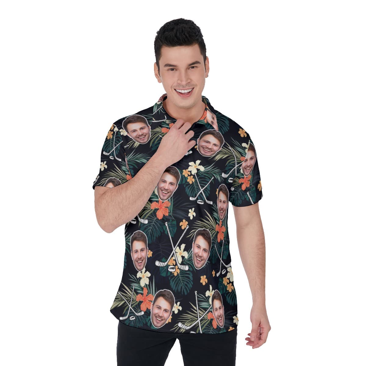 Customize Tropical Hockey Hawaiian Polo Shirt With Face