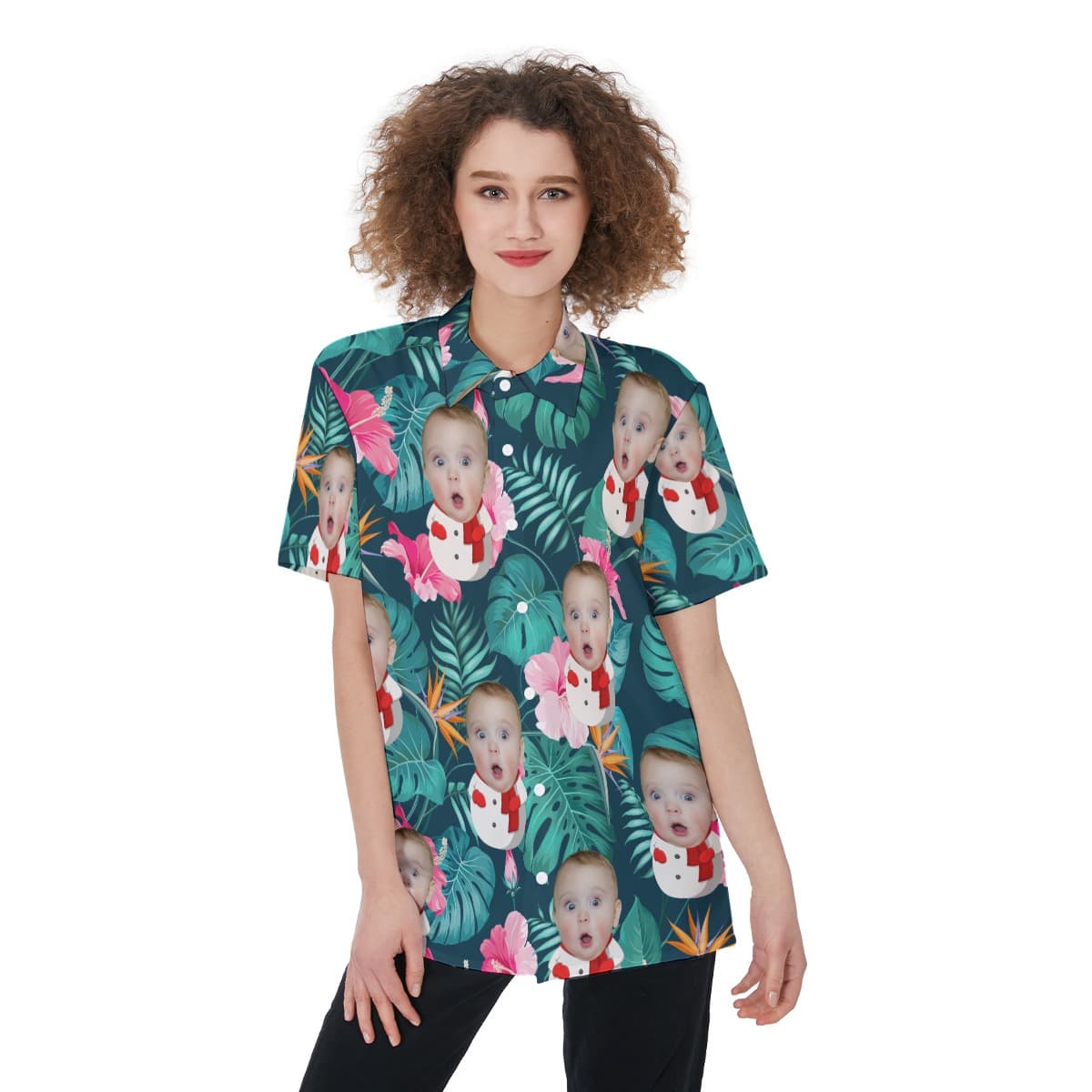 Customized Floral Women's Hawaiian Shirt With Baby Face