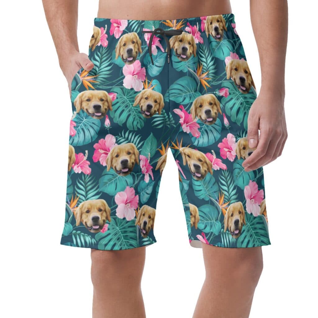 Customized Tropical Hibicus Hawaiian Beach Shorts With Dog Face