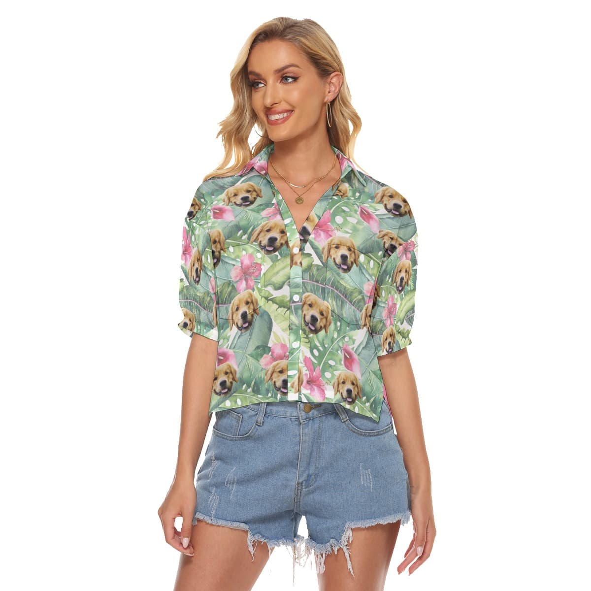 Customized Tropical Hibicus Hawaiian Crop Top Shirt With Dog Face (3)