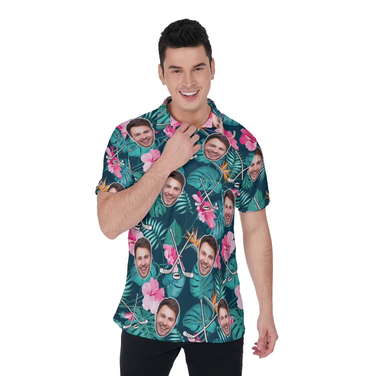 Customized Tropical Hockey Hawaiian Polo Shirt With Face