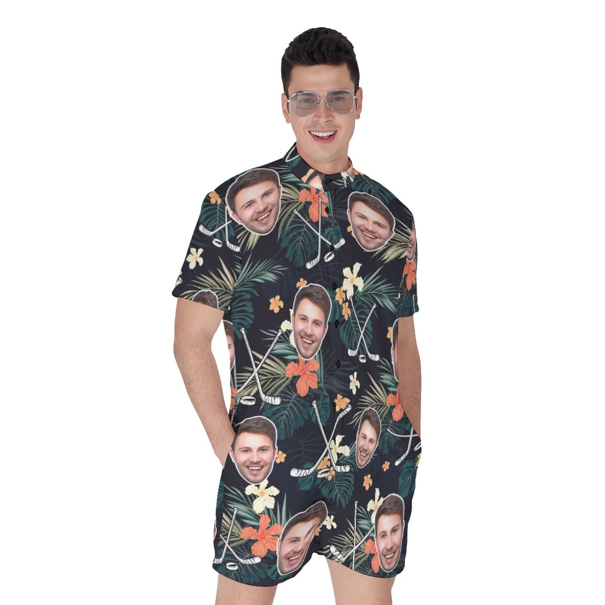 Customized Tropical Hockey Hawaiian Romper With Face