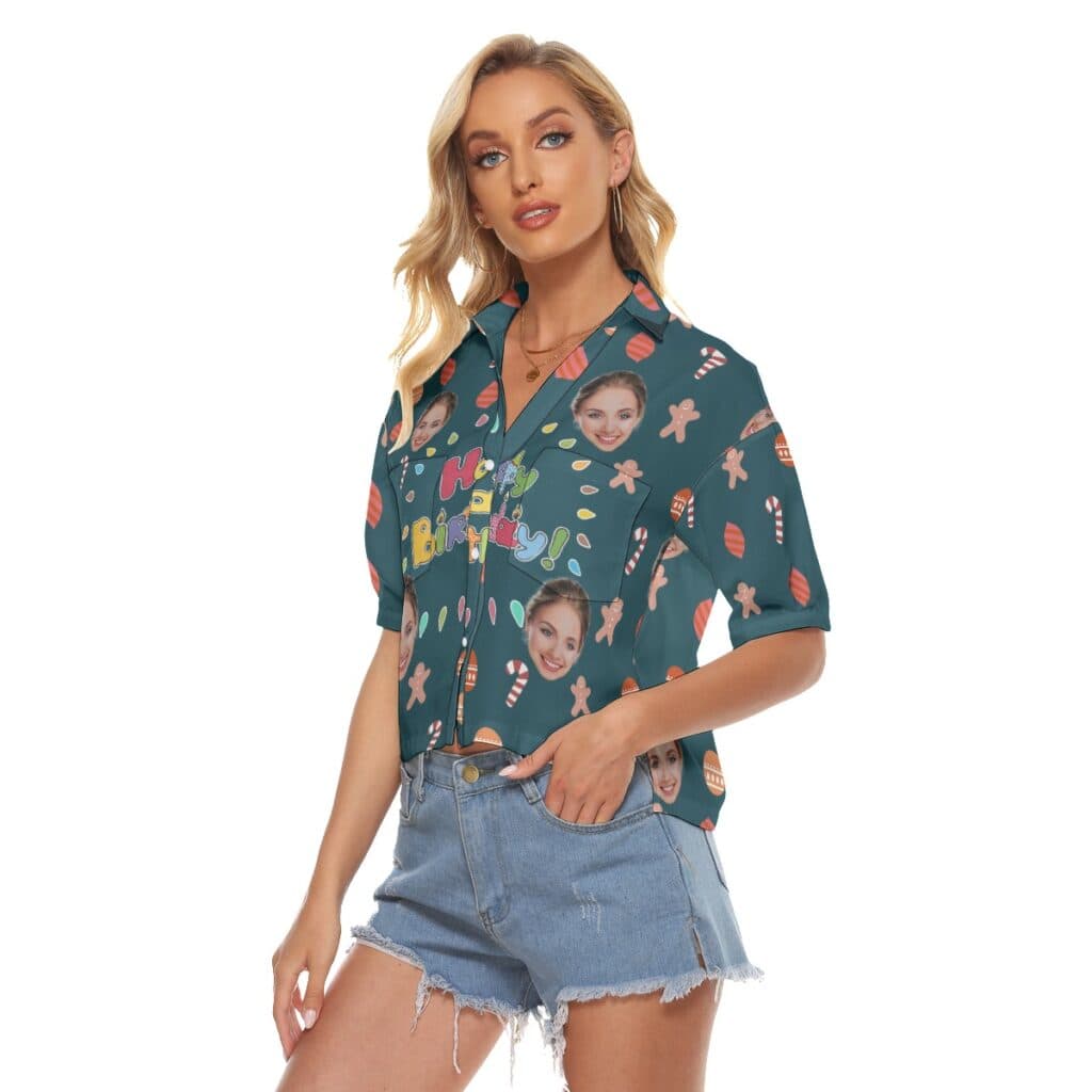 Cute Custom Face Birthday Hawaiian Crop Top Shirt For Women