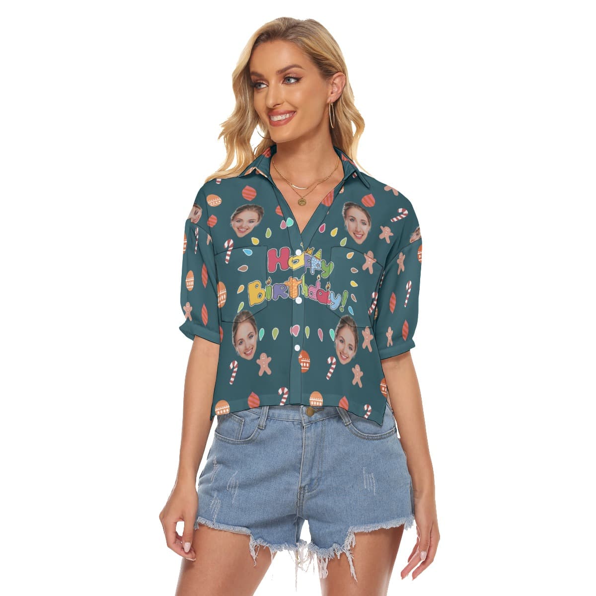 Cute Custom Face Birthday Hawaiian Crop Top Shirt For Women (4)