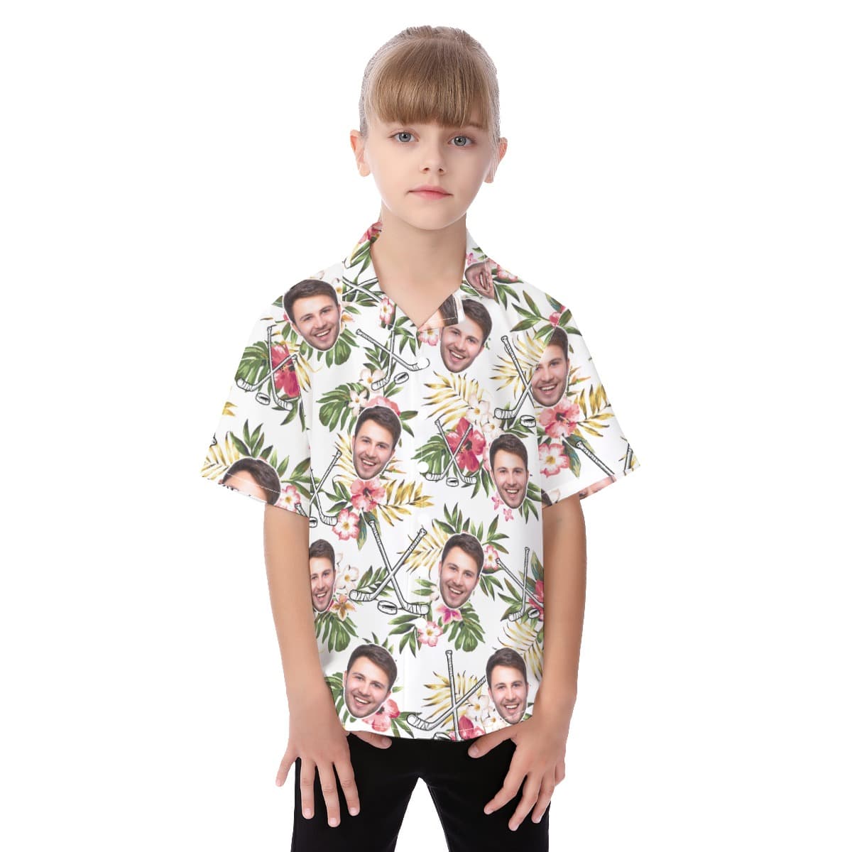Cute Custom Face Hockey Hibicus Hawaiian Shirt For Kids