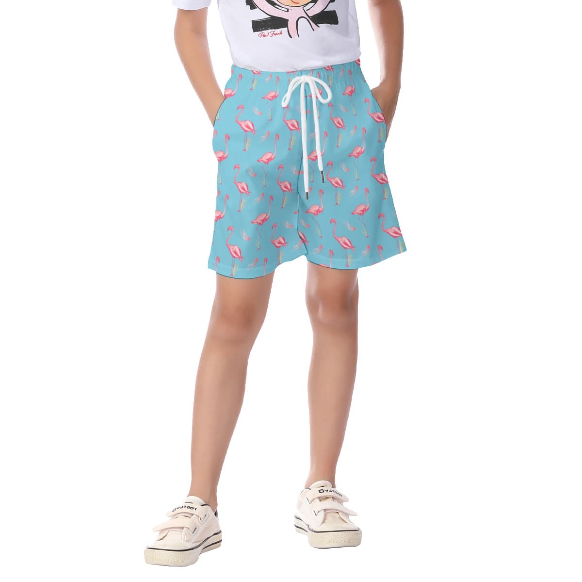 Cute Flamingo Blue Hawaiian Beach Shorts For Kids (1)
