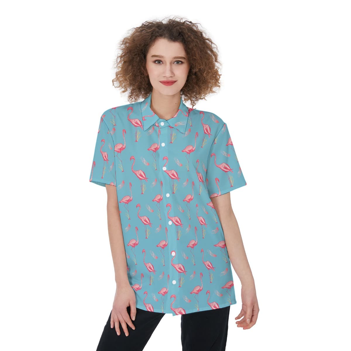 Cute Flamingo Blue Hawaiian Shirt For Women (1)