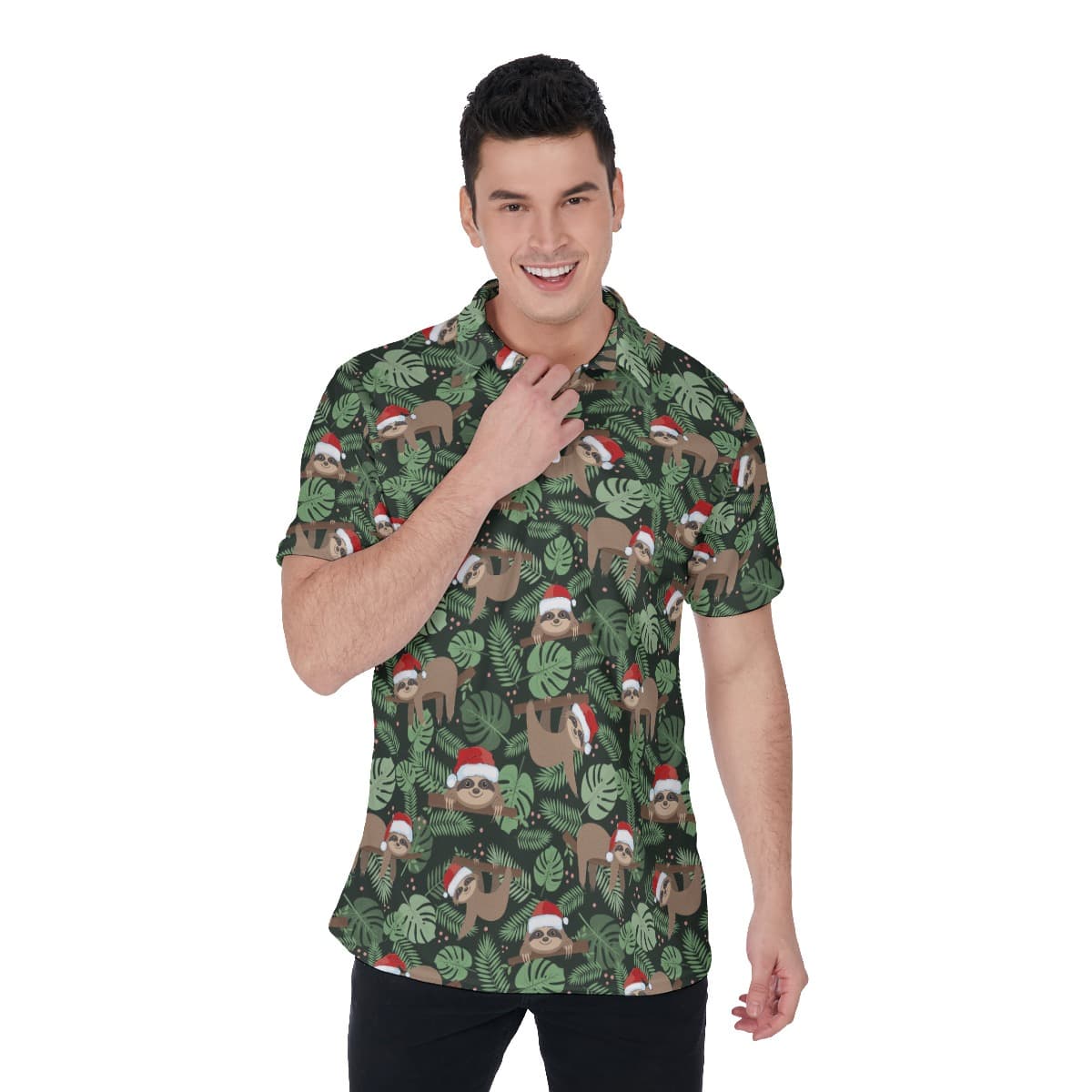Cute Sloth Santa Hawaiian Polo Shirt For Men (1)