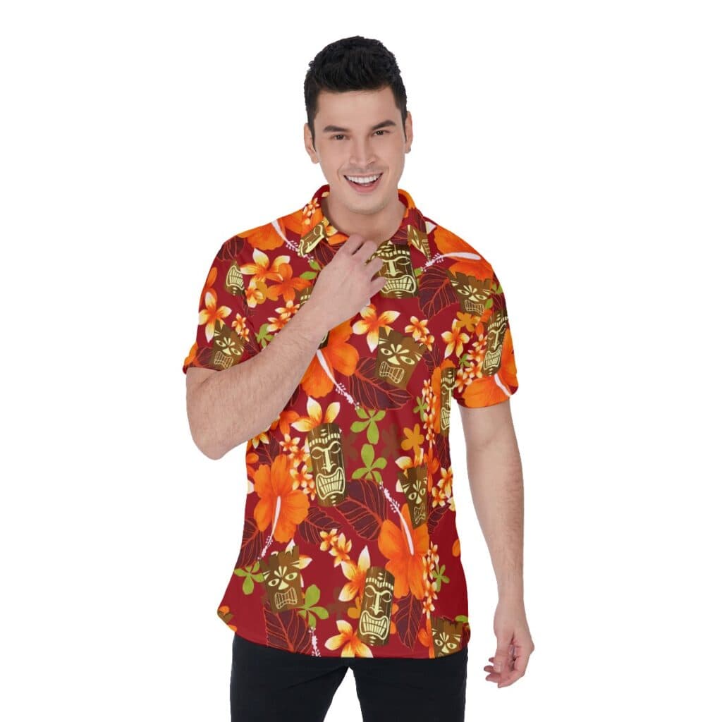 Cute Tiki Hibicus Orange Hawaiian Polo Shirt For Men