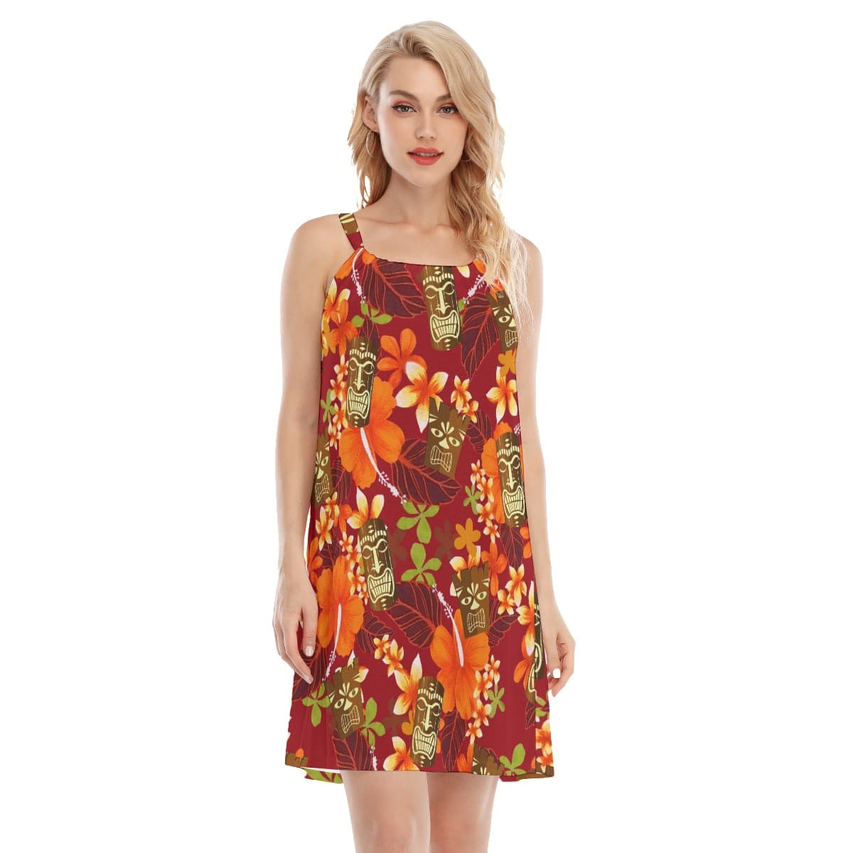 Cute Tiki Tropical Hibicus Orange Aloha Dress For Women (3)
