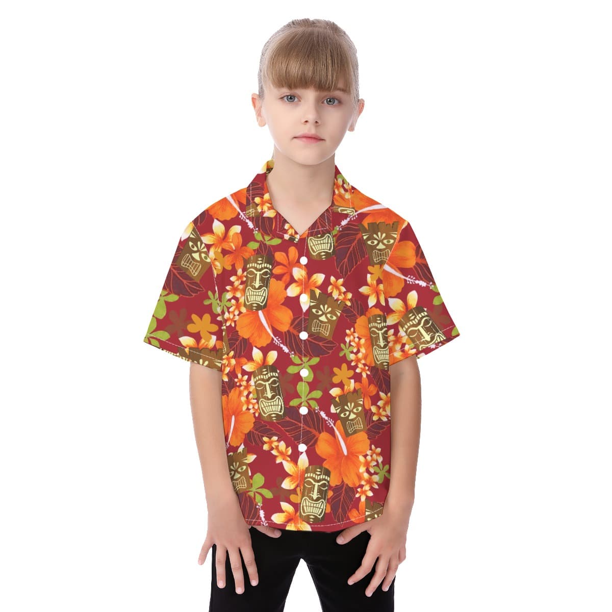 Cute Tiki Tropical Hibicus Orange Aloha Shirt For Kids